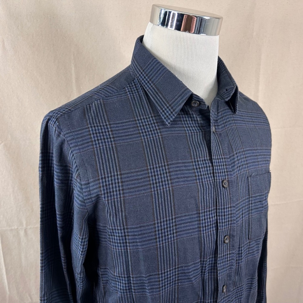 UNTUCKit Medium Slim Fit Button Front Shirt Blue Brown Plaid Cotton Casual Mens